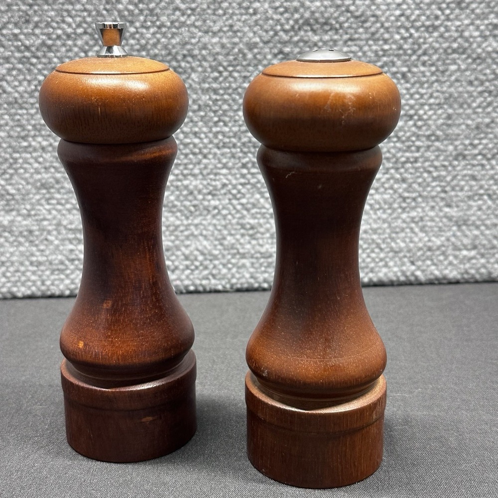 Vintage Mr. Dudley Solid Wood Pepper Grinder Mill & Salt Shaker Set Brown
